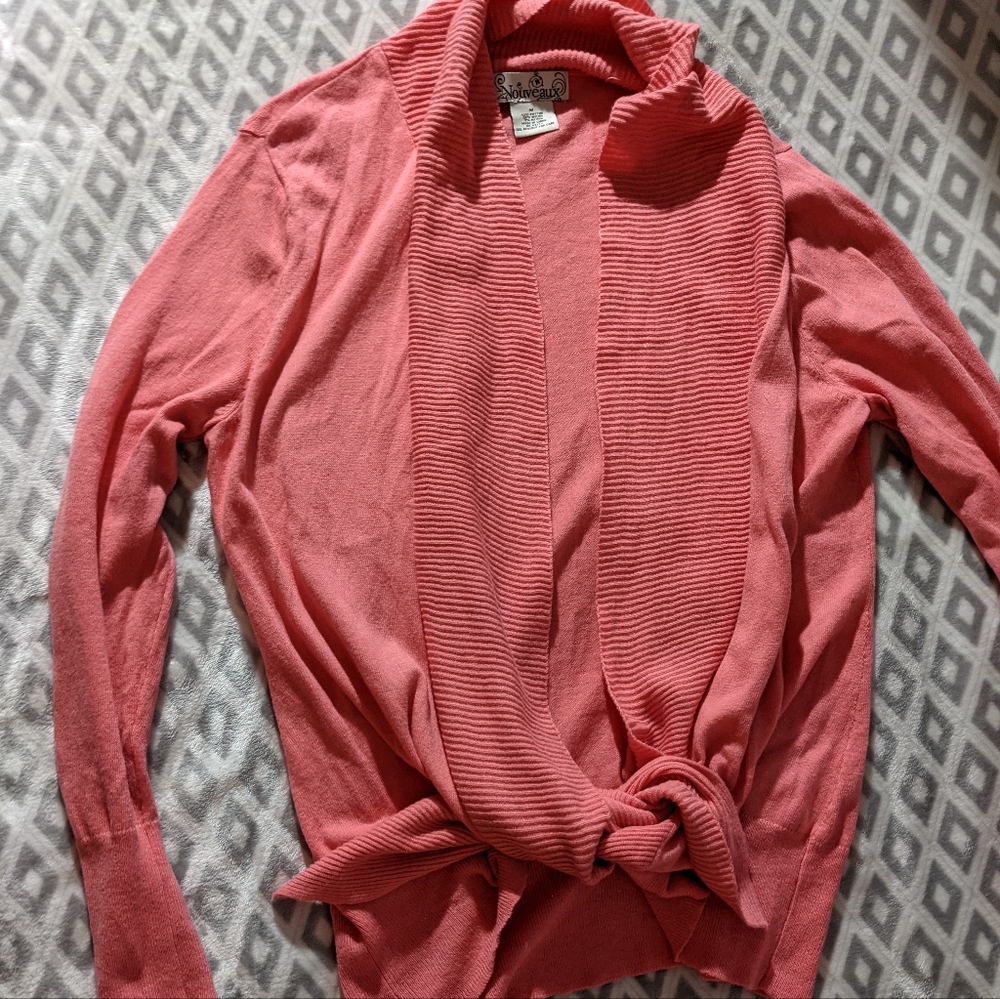 Coral cardigan Sweater Boho Ribbed Detailing Longer Length in Front Size Medium - Picture 1 of 16